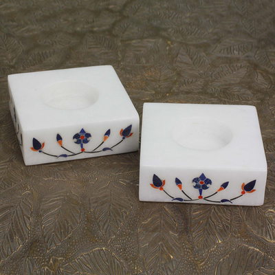 Teelichthalter aus Marmor, (Paar) - Quadratischer Teelichthalter aus Marmor mit blauen Blütenknospen (Paar)