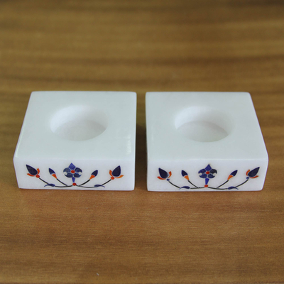 Teelichthalter aus Marmor, (Paar) - Quadratischer Teelichthalter aus Marmor mit blauen Blütenknospen (Paar)