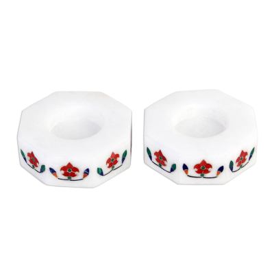 Marble tealight holders, 'Floral Alliance in Red' (pair) - Octagon Marble Tealight Holder with Red Blooming Buds (Pair)