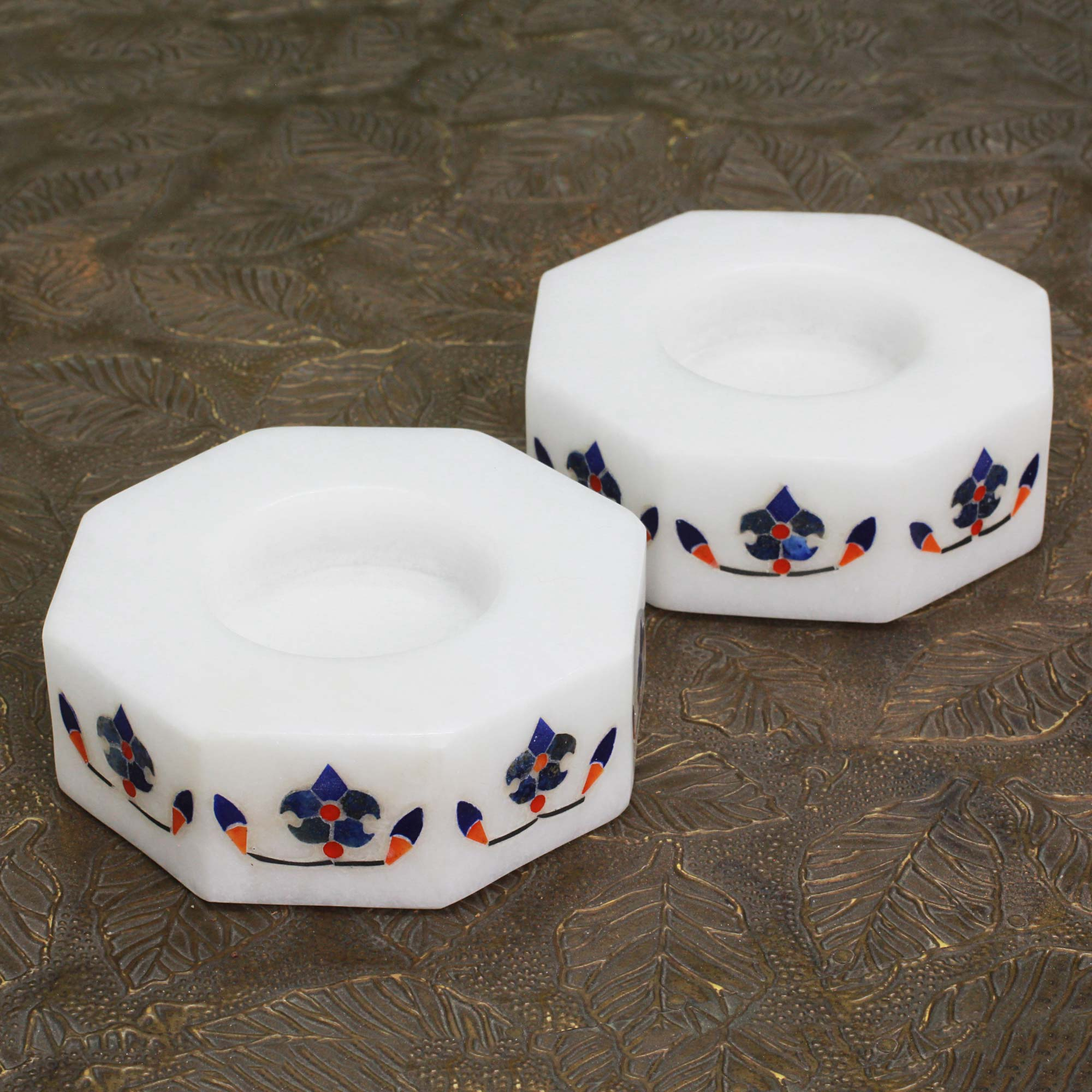 Soap Stone Vintage Floral Coaster Set. Indian Marble Inlay 