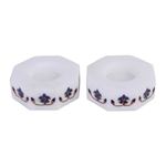 Marble tealight holders, 'Floral Alliance in Blue' (pair) - Octagon Marble Tealight Holders with Blue Buds (Pair)