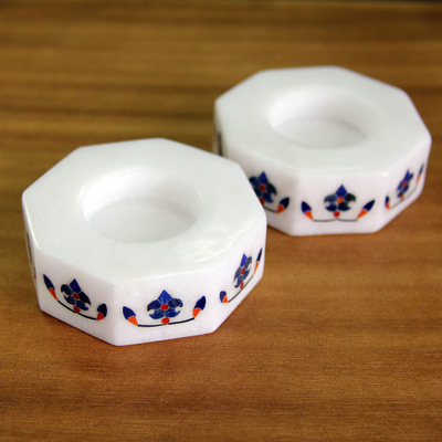 Marble tealight holders, 'Floral Alliance in Blue' (pair) - Octagon Marble Tealight Holders with Blue Buds (Pair)