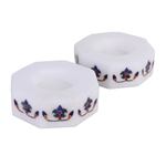 Marble tealight holders, 'Floral Alliance in Blue' (pair) - Octagon Marble Tealight Holders with Blue Buds (Pair)