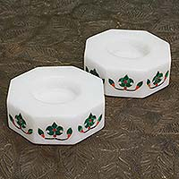 Marble tealight holders, 'Floral Alliance in Green' (pair)