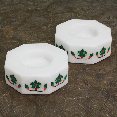 Marble tealight holders, 'Floral Alliance in Green' (pair) - Octagon Marble Tealight Holder with Green Buds (Pair)