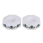 Marble tealight holders, 'Floral Alliance in Green' (pair) - Octagon Marble Tealight Holder with Green Buds (Pair)