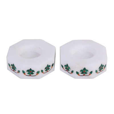 Marble tealight holders, 'Floral Alliance in Green' (pair) - Octagon Marble Tealight Holder with Green Buds (Pair)