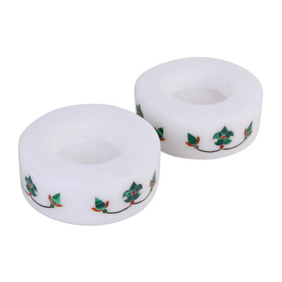 Marble tealight holders, 'Floral Symmetry in Green' (pair) - Round Marble Tealight Holder with Green Blooming Buds (Pair)