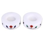 Marble tealight holders, 'Floral Disc' (pair) - Pair of Marble Tealight Holders Handcrafted in India