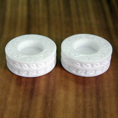 Marble tealight holders, 'White Beauty' (pair) - Round White Marble Tealight Holder with Engraved Vine (Pair)