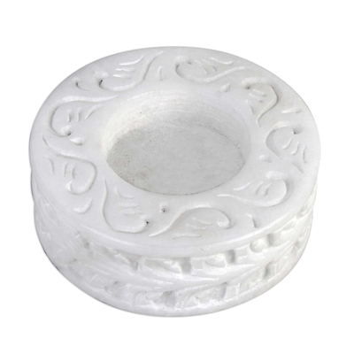 Teelichthalter aus Marmor, (Paar) - Runder Teelichthalter aus weißem Marmor mit gravierter Ranke (Paar)