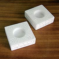 Marble tealight holders, 'White Garden' (pair) - Square Marble Tealight Holder with Engraved Vines (Pair)