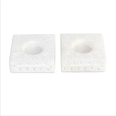 Square Marble Tealight Holder with Engraved Vines (Pair)