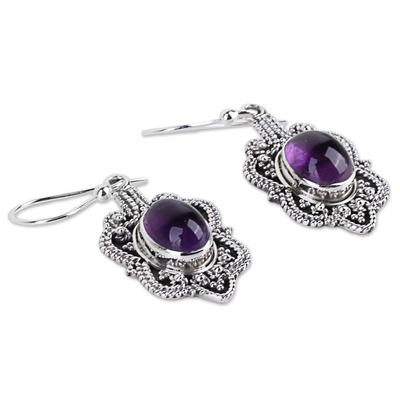 Amethyst dangle earrings, 'Intricate Embrace' - Handcrafted Sterling Silver Earrings with Amethyst