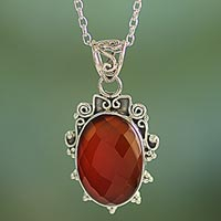 Carnelian pendant necklace, 'Glow of Embers' - India Handcrafted Sterling Silver Necklace with Carnelian