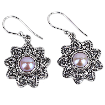 Cultured pearl dangle earrings, 'Passionate Flower' - Cultured Pearl Sterling Silver Dangle Earrings from India
