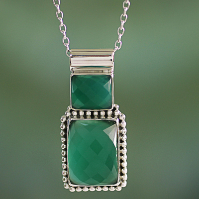 Onyx pendant necklace, 'Watery Depths' - Onyx Pendant Necklace with Sterling Silver from India