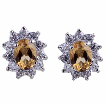 Citrine stud earrings, 'Sunny Sophistication' - Sterling Silver Citrine and Cubic Zirconia Stud Earrings