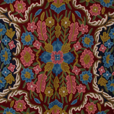 Wollkettenstich-Teppich, (3x5) - Handgefertigter Kettenstich-Teppich aus Wolle mit Blumenmuster (3x5)