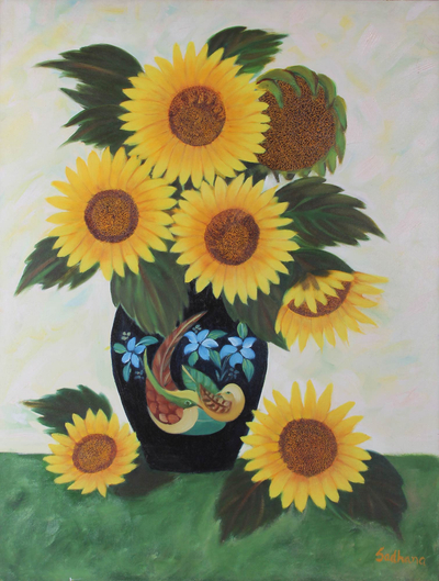 'Sunflower Splendor' - Sunflower Bouquet Oil on Canvas Painting from India