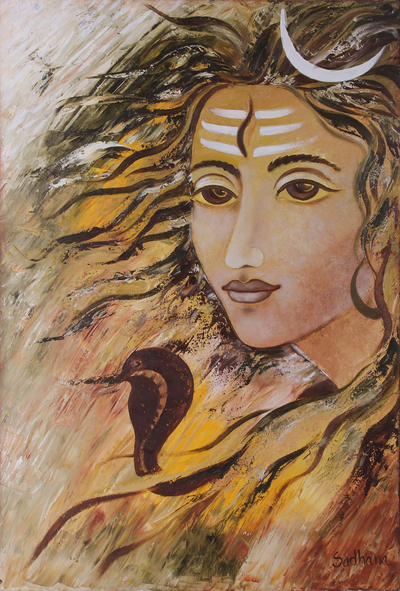 Original Signed Oil Painting Hindu Lord Shiva From India Mahadev