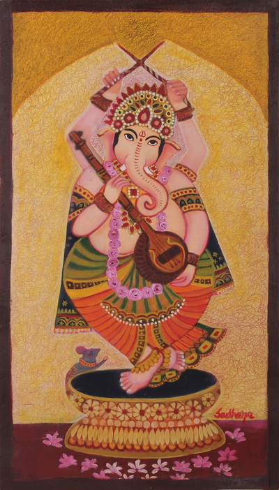 'Dancing Ganesha II' - Pintura india al óleo sobre lienzo de Lord Ganesha bailando