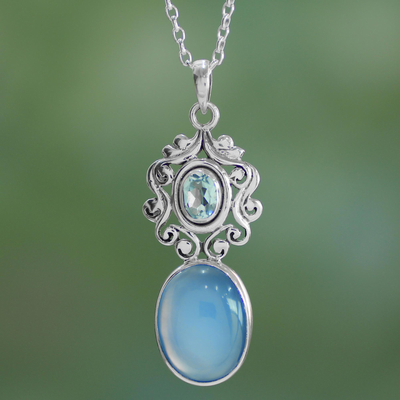 Chalcedony and blue topaz pendant necklace, 'Harmonious Blue' - Handcrafted Blue Chalcedony and Topaz Pendant Necklace