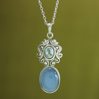 Chalcedony and blue topaz pendant necklace, 'Harmonious Blue' - Handcrafted Blue Chalcedony and Topaz Pendant Necklace
