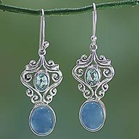 Chalcedony and blue topaz dangle earrings, 'Harmonious Blue' - Handcrafted Blue Chalcedony and Topaz Dangle Earrings