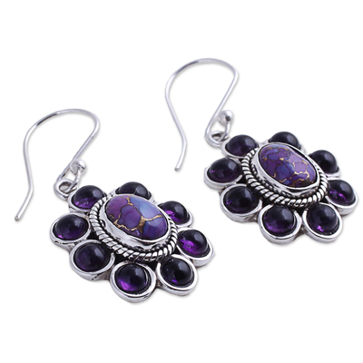 Amethyst flower earrings, 'Purple Blossoms' - Amethyst and Purple Composite Turquoise Dangle Earrings