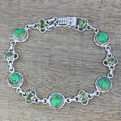 Peridot link bracelet, 'Glistening Green' - Peridot and Green Composite Turquoise Link Bracelet