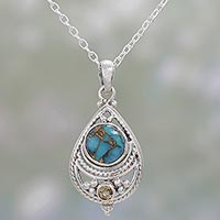 Citrine pendant necklace, 'Mesmerizing Sphere' - Citrine and Composite Turquoise Pendant Necklace from India