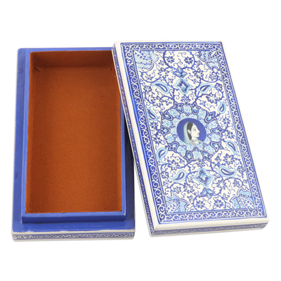 Wood and papier mache box, 'Queen's Grandeur' - Velvet-Lined Papier Mache Wood Box with Mughal Queen Motif
