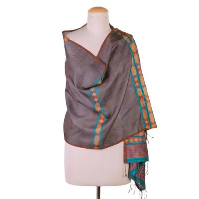 Jamdani silk shawl, 'Damaru in Teal' - Indian Shawl 100% Silk Grey Wrap with Multicolor Geometry