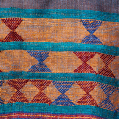 Mantón de seda Jamdani - Mantón Indio 100% Seda Gris Wrap con Geometría Multicolor