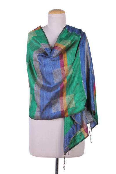 Jamdani silk shawl, 'Blue Paradox' - 100% Silk Shawl Hand Woven Wrap in Blue and Green from India