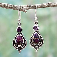 Amethyst dangle earrings, 'Mughal Lilac' - Silver Earrings with Amethyst and Composite Turquoise