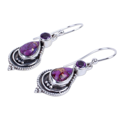 Amethyst dangle earrings, 'Mughal Lilac' - Silver Earrings with Amethyst and Composite Turquoise