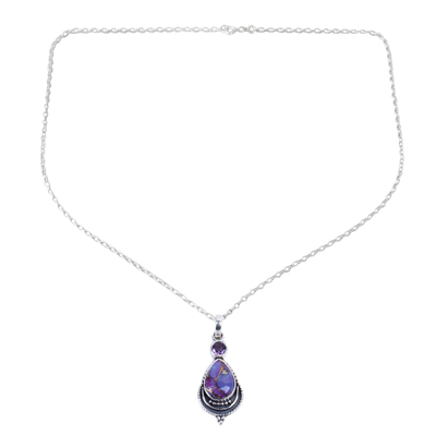 Amethyst pendant necklace, 'Mughal Lilac' - Silver Necklace with Amethyst and Composite Turquoise