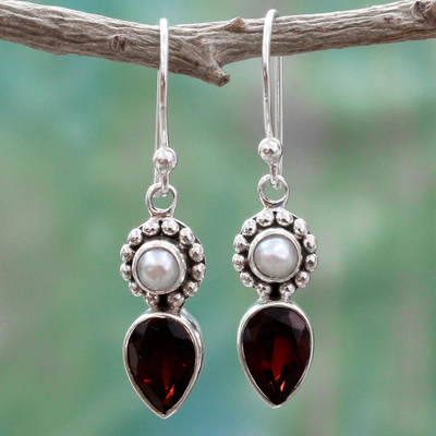 Cultured pearl and garnet dangle earrings, 'Scarlet Tear' - Silver Cultured Pearl Earrings with Garnet from India