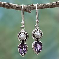 Cultured pearl and amethyst dangle earrings, 'Amethyst Tear'