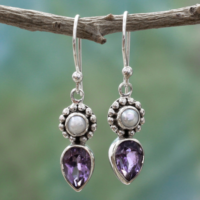 Cultured pearl and amethyst dangle earrings, Amethyst Tear