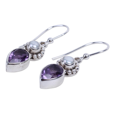 Cultured pearl and amethyst dangle earrings, 'Amethyst Tear' - Amethyst and Cultured Pearl Earrings in Sterling Silver
