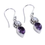 Cultured pearl and amethyst dangle earrings, 'Amethyst Tear' - Amethyst and Cultured Pearl Earrings in Sterling Silver