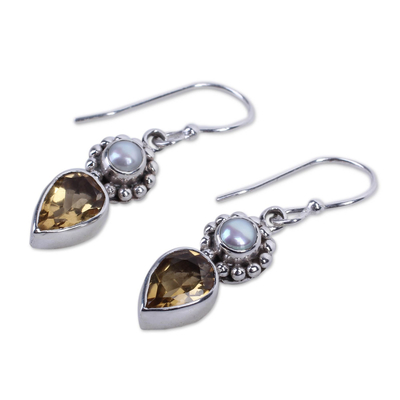 Cultured pearl and citrine dangle earrings, 'Yellow Tear' - Sterling Silver Earrings with Citrine and Cultured Pearl