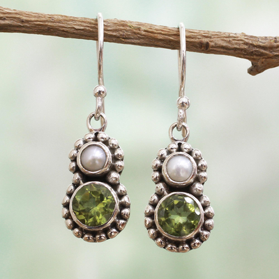 Cultured pearl and peridot dangle earrings, 'Kolkata Sparkle' - Petite Peridot and Cultured Pearl Silver Dangle Earrings