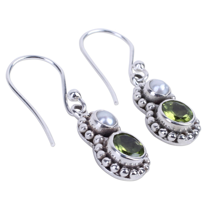 Cultured pearl and peridot dangle earrings, 'Kolkata Sparkle' - Petite Peridot and Cultured Pearl Silver Dangle Earrings