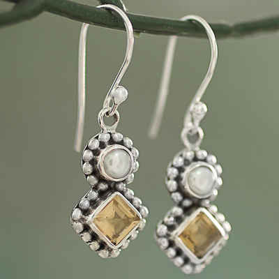 Cultured pearl and citrine dangle earrings, 'Kolkata Sparkle' - Citrine and Cultured Pearl Dangle Earrings in Silver 925