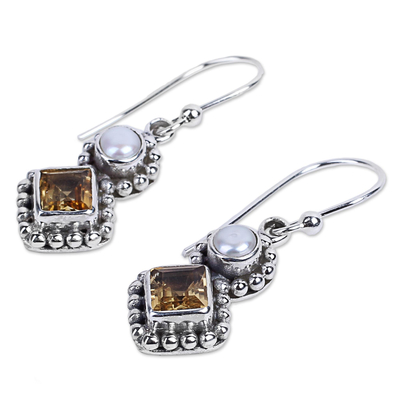 Cultured pearl and citrine dangle earrings, 'Kolkata Sparkle' - Citrine and Cultured Pearl Dangle Earrings in Silver 925