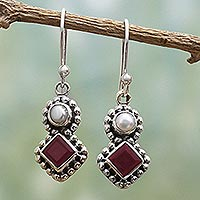 Cultured pearl and garnet dangle earrings, 'Kolkata Sparkle' - Garnet and Cultured Pearl Dangle Earrings in Silver 925